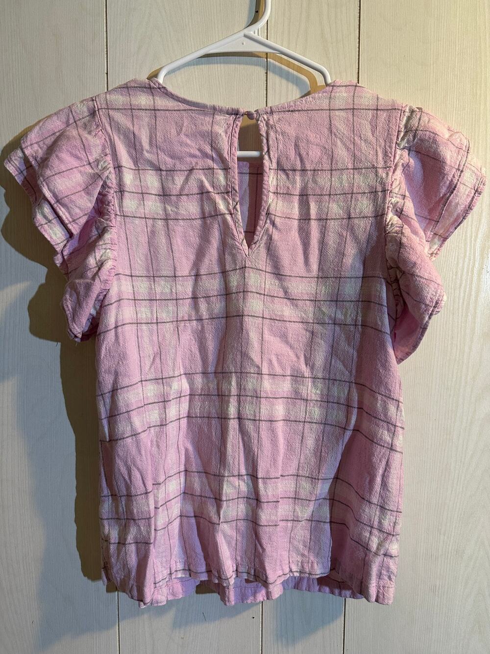 A New Day Linen Blend Plaid Blouse Womens Small Pink Ruffle Sleeve Keyhole Back
